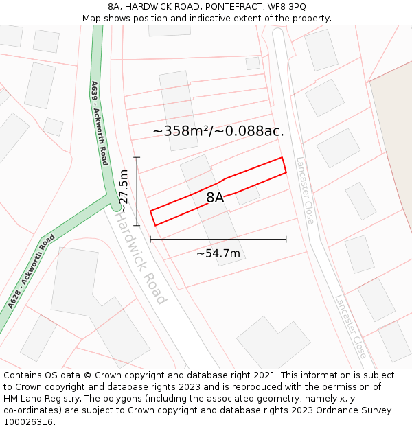 8A, HARDWICK ROAD, PONTEFRACT, WF8 3PQ: Plot and title map