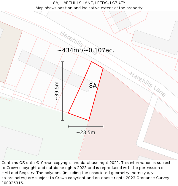 8A, HAREHILLS LANE, LEEDS, LS7 4EY: Plot and title map