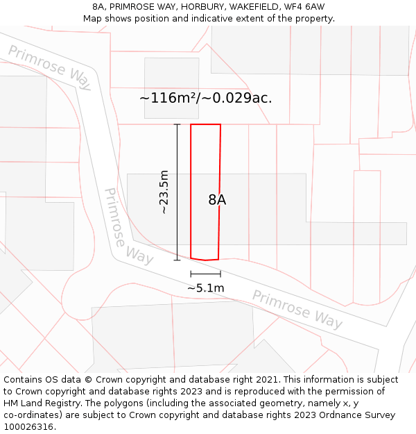 8A, PRIMROSE WAY, HORBURY, WAKEFIELD, WF4 6AW: Plot and title map