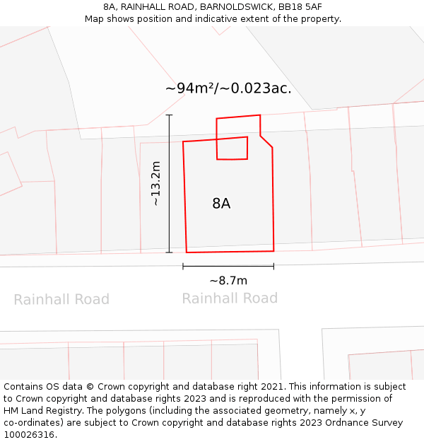 8A, RAINHALL ROAD, BARNOLDSWICK, BB18 5AF: Plot and title map