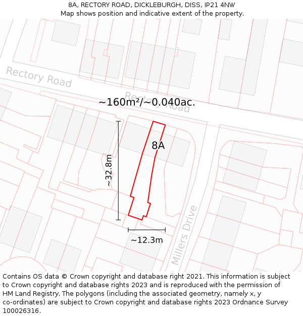 8A, RECTORY ROAD, DICKLEBURGH, DISS, IP21 4NW: Plot and title map