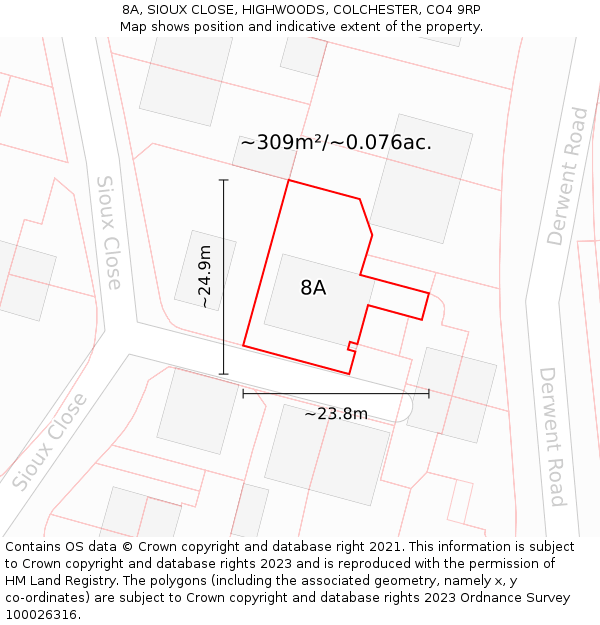 8A, SIOUX CLOSE, HIGHWOODS, COLCHESTER, CO4 9RP: Plot and title map