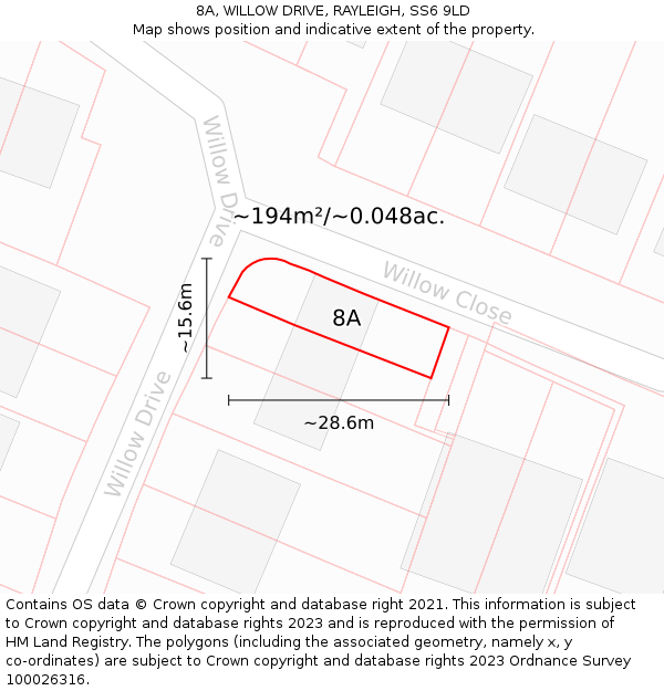 8A, WILLOW DRIVE, RAYLEIGH, SS6 9LD: Plot and title map