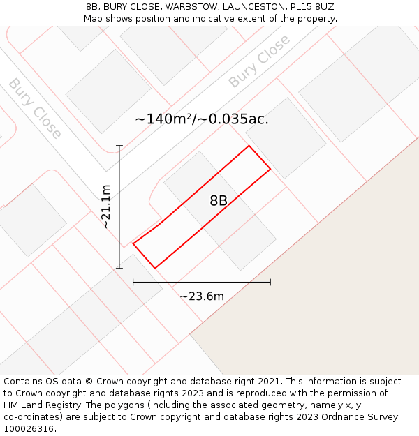 8B, BURY CLOSE, WARBSTOW, LAUNCESTON, PL15 8UZ: Plot and title map