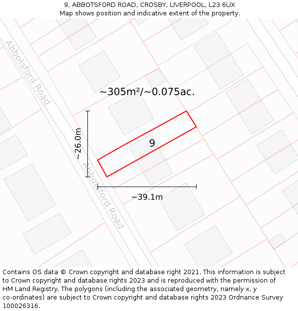9, ABBOTSFORD ROAD, CROSBY, LIVERPOOL, L23 6UX: Plot and title map