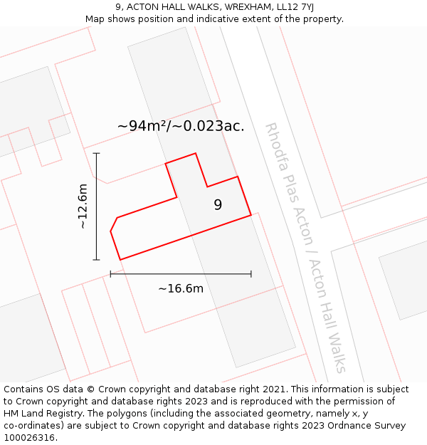9, ACTON HALL WALKS, WREXHAM, LL12 7YJ: Plot and title map