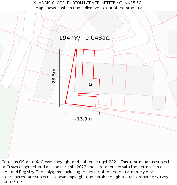 9, ADDIS CLOSE, BURTON LATIMER, KETTERING, NN15 5GL: Plot and title map
