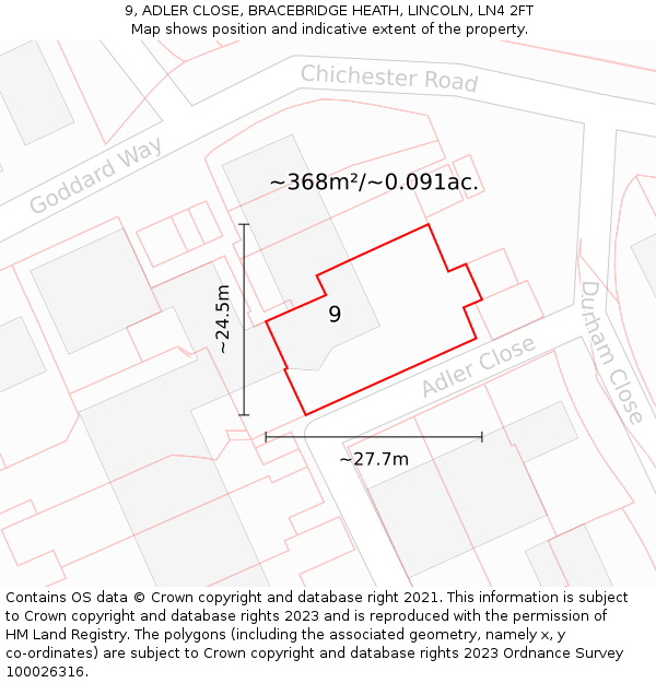 9, ADLER CLOSE, BRACEBRIDGE HEATH, LINCOLN, LN4 2FT: Plot and title map