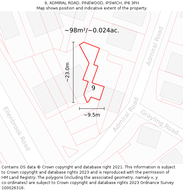 9, ADMIRAL ROAD, PINEWOOD, IPSWICH, IP8 3PH: Plot and title map