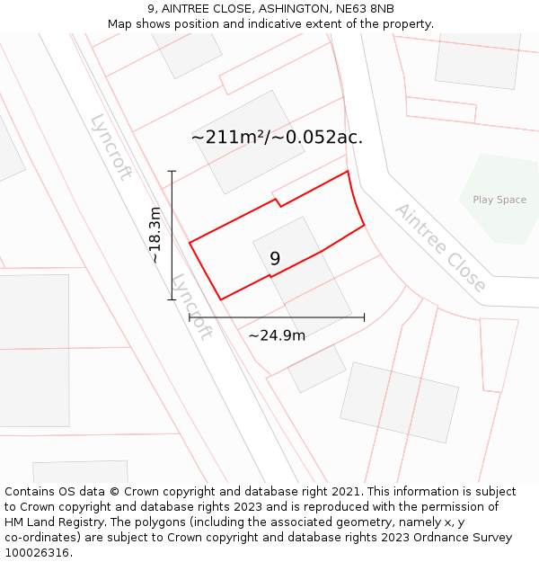 9, AINTREE CLOSE, ASHINGTON, NE63 8NB: Plot and title map