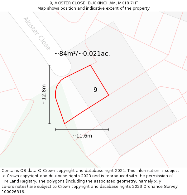9, AKISTER CLOSE, BUCKINGHAM, MK18 7HT: Plot and title map