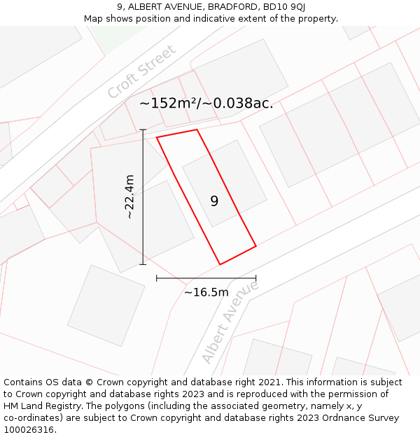 9, ALBERT AVENUE, BRADFORD, BD10 9QJ: Plot and title map