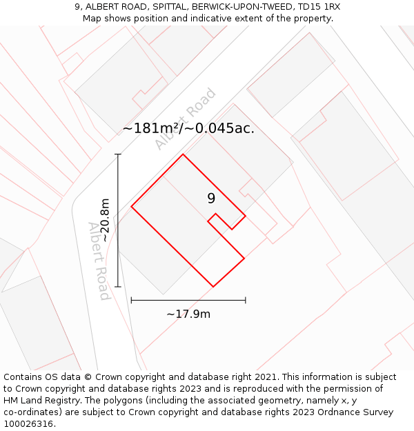 9, ALBERT ROAD, SPITTAL, BERWICK-UPON-TWEED, TD15 1RX: Plot and title map