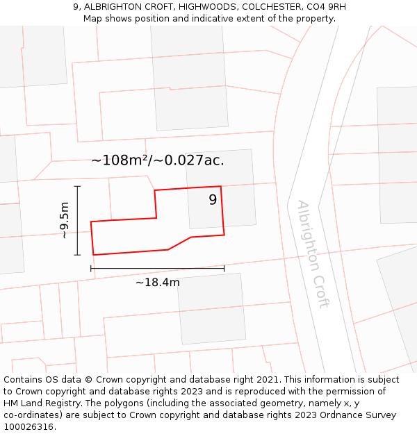 9, ALBRIGHTON CROFT, HIGHWOODS, COLCHESTER, CO4 9RH: Plot and title map