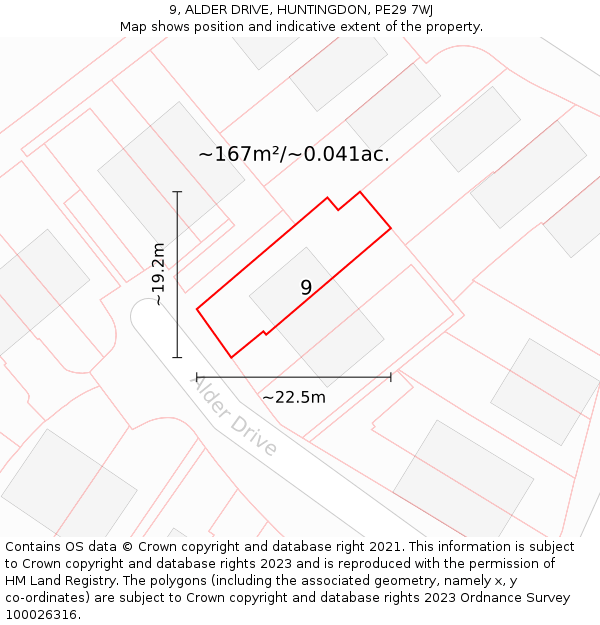 9, ALDER DRIVE, HUNTINGDON, PE29 7WJ: Plot and title map