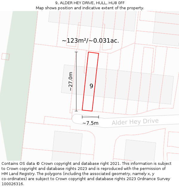 9, ALDER HEY DRIVE, HULL, HU8 0FF: Plot and title map