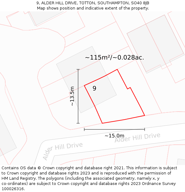 9, ALDER HILL DRIVE, TOTTON, SOUTHAMPTON, SO40 8JB: Plot and title map