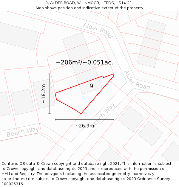 9, ALDER ROAD, WHINMOOR, LEEDS, LS14 2FH: Plot and title map