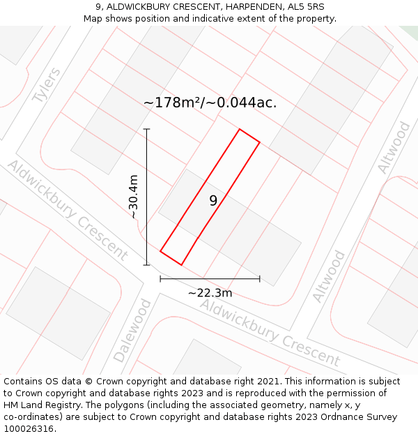 9, ALDWICKBURY CRESCENT, HARPENDEN, AL5 5RS: Plot and title map
