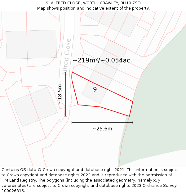 9, ALFRED CLOSE, WORTH, CRAWLEY, RH10 7SD: Plot and title map