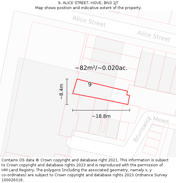 9, ALICE STREET, HOVE, BN3 1JT: Plot and title map