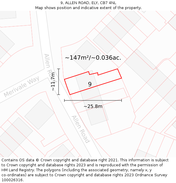 9, ALLEN ROAD, ELY, CB7 4NL: Plot and title map