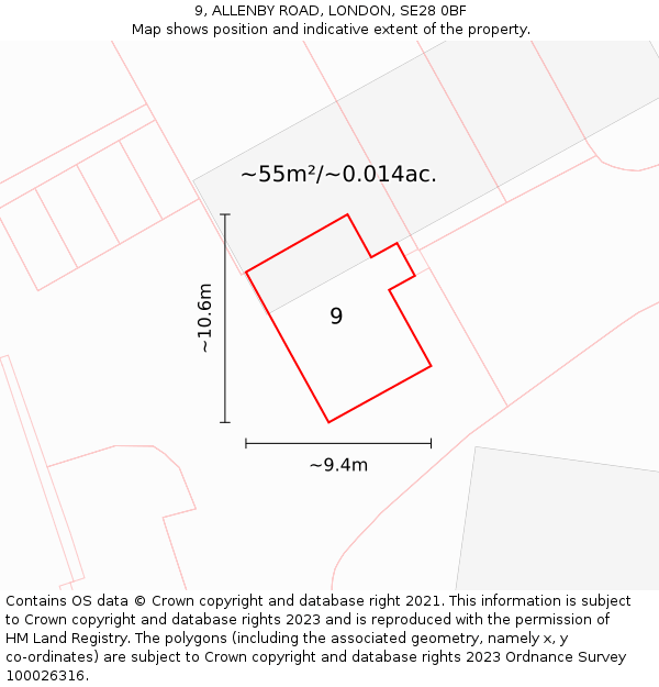 9, ALLENBY ROAD, LONDON, SE28 0BF: Plot and title map