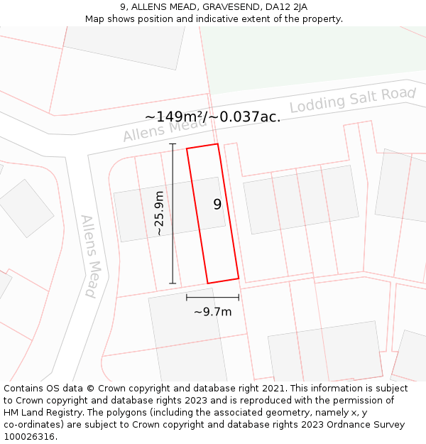 9, ALLENS MEAD, GRAVESEND, DA12 2JA: Plot and title map