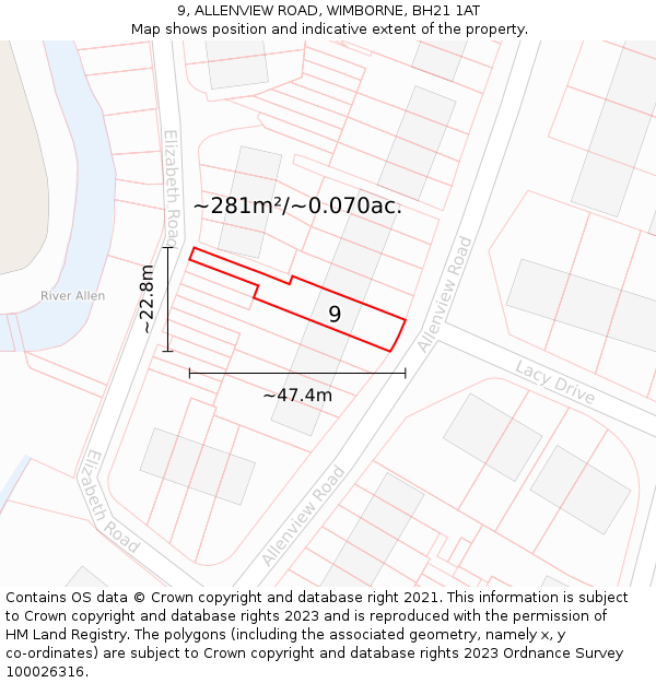 9, ALLENVIEW ROAD, WIMBORNE, BH21 1AT: Plot and title map