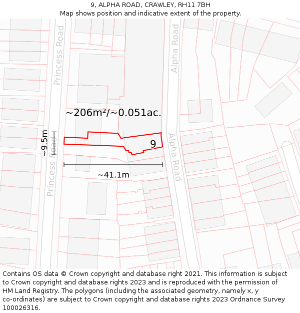 9, ALPHA ROAD, CRAWLEY, RH11 7BH: Plot and title map