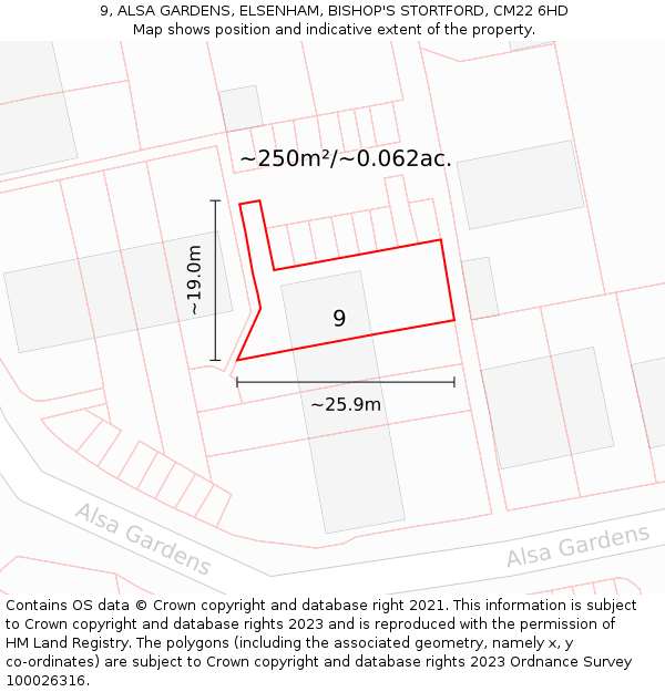 9, ALSA GARDENS, ELSENHAM, BISHOP'S STORTFORD, CM22 6HD: Plot and title map