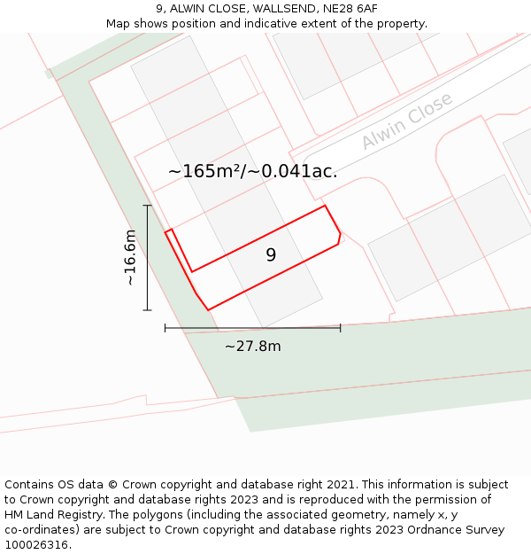 9, ALWIN CLOSE, WALLSEND, NE28 6AF: Plot and title map