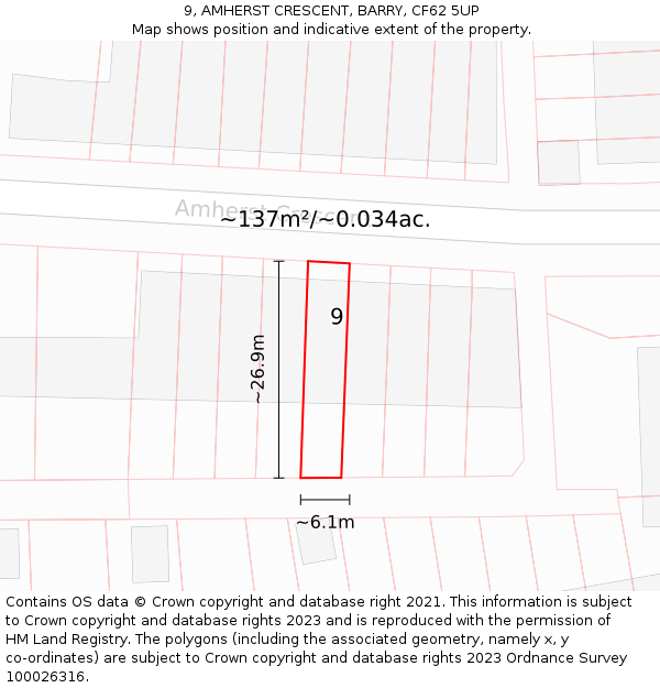 9, AMHERST CRESCENT, BARRY, CF62 5UP: Plot and title map