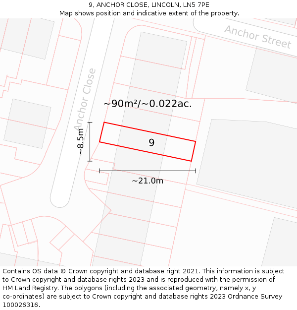 9, ANCHOR CLOSE, LINCOLN, LN5 7PE: Plot and title map