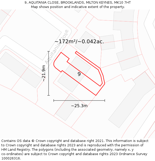 9, AQUITANIA CLOSE, BROOKLANDS, MILTON KEYNES, MK10 7HT: Plot and title map