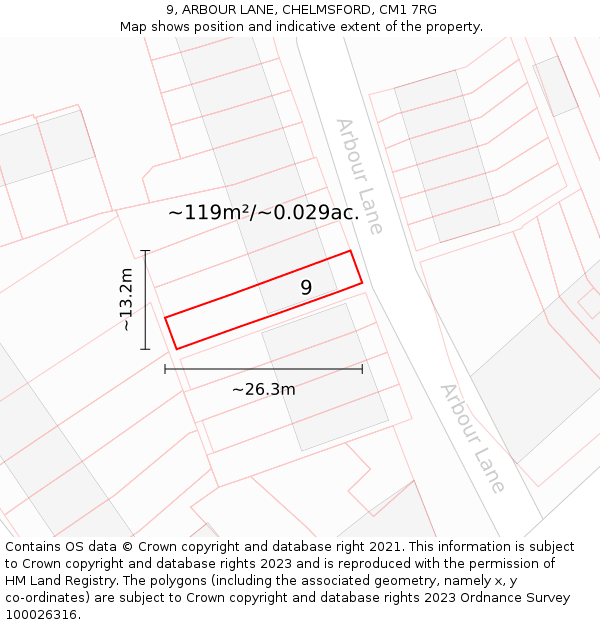 9, ARBOUR LANE, CHELMSFORD, CM1 7RG: Plot and title map