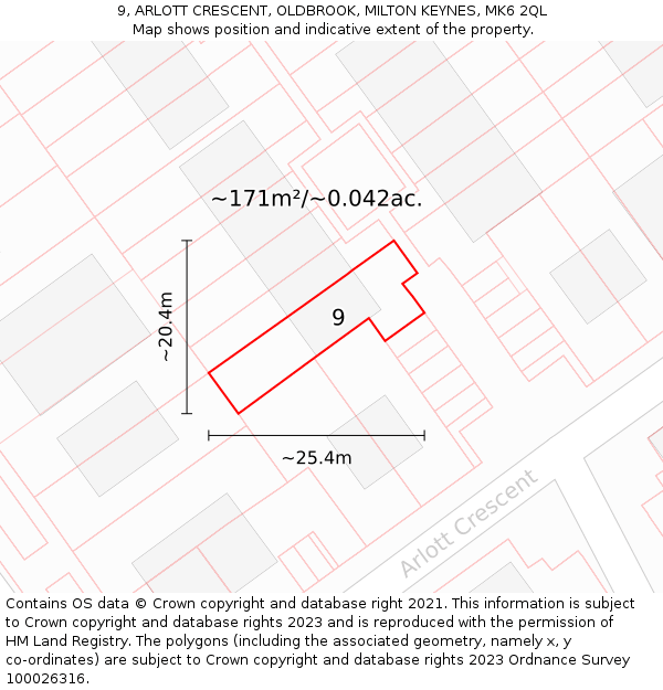 9, ARLOTT CRESCENT, OLDBROOK, MILTON KEYNES, MK6 2QL: Plot and title map