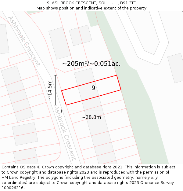 9, ASHBROOK CRESCENT, SOLIHULL, B91 3TD: Plot and title map
