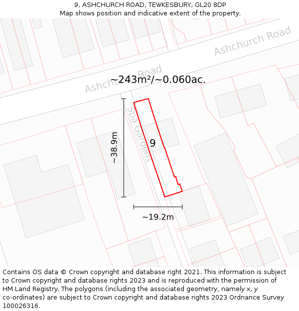 9, ASHCHURCH ROAD, TEWKESBURY, GL20 8DP: Plot and title map