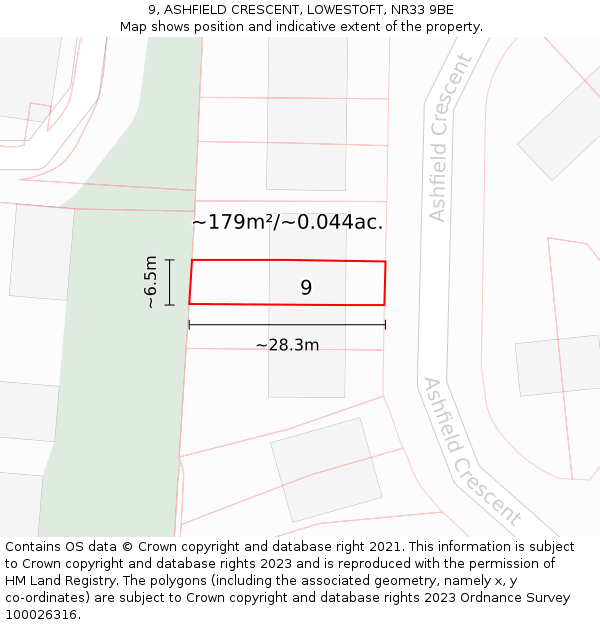9, ASHFIELD CRESCENT, LOWESTOFT, NR33 9BE: Plot and title map