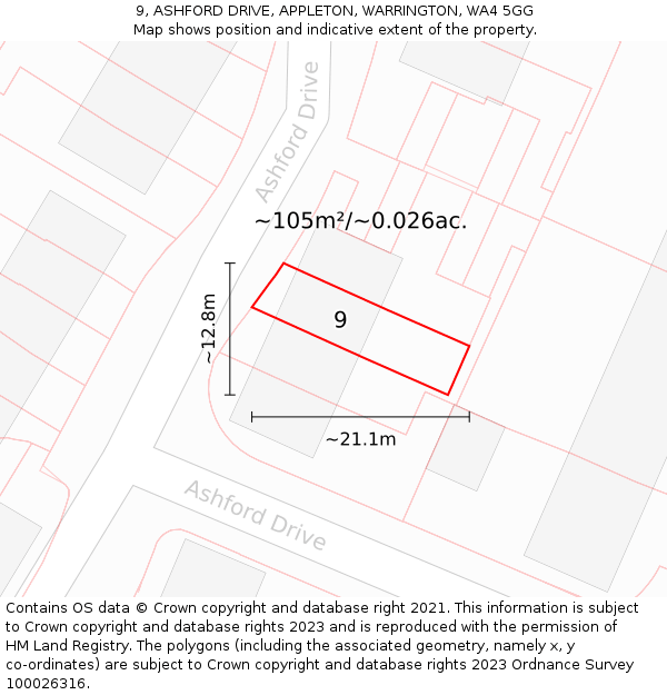 9, ASHFORD DRIVE, APPLETON, WARRINGTON, WA4 5GG: Plot and title map