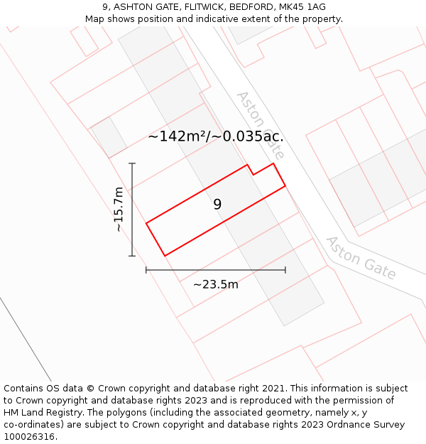 9, ASHTON GATE, FLITWICK, BEDFORD, MK45 1AG: Plot and title map