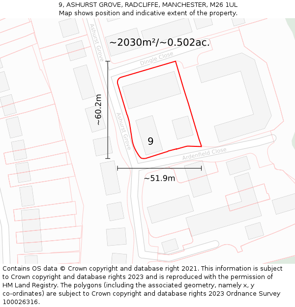 9, ASHURST GROVE, RADCLIFFE, MANCHESTER, M26 1UL: Plot and title map