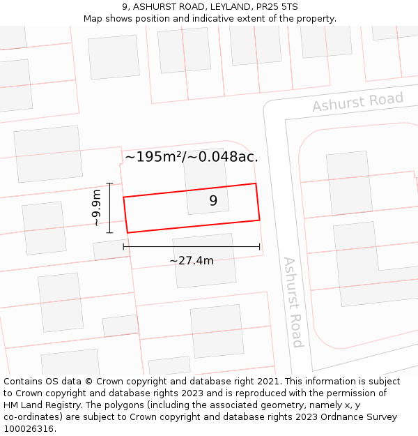 9, ASHURST ROAD, LEYLAND, PR25 5TS: Plot and title map