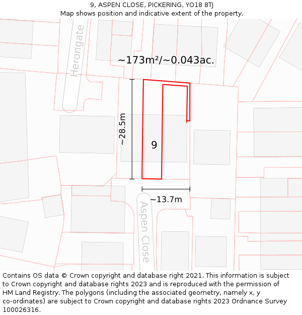 9, ASPEN CLOSE, PICKERING, YO18 8TJ: Plot and title map