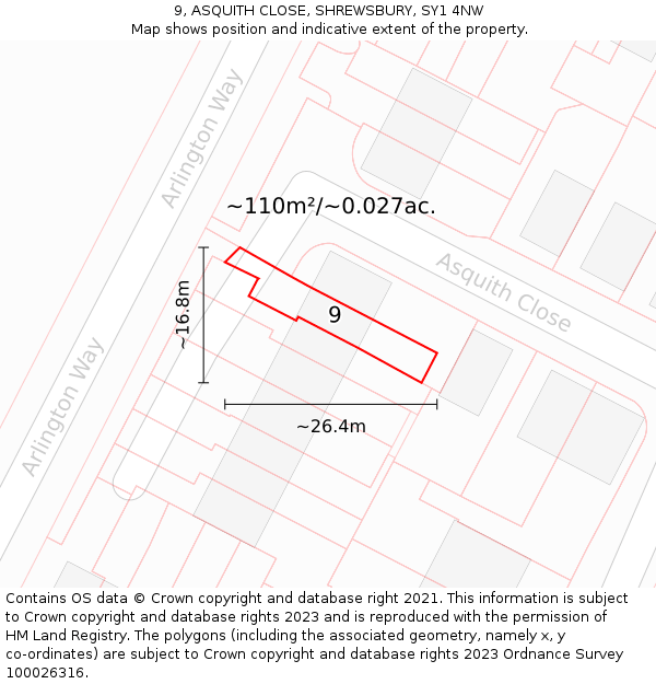 9, ASQUITH CLOSE, SHREWSBURY, SY1 4NW: Plot and title map