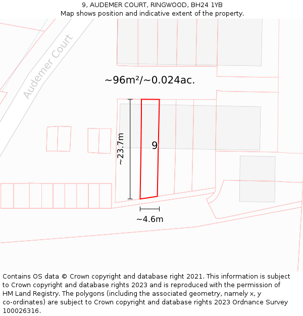 9, AUDEMER COURT, RINGWOOD, BH24 1YB: Plot and title map