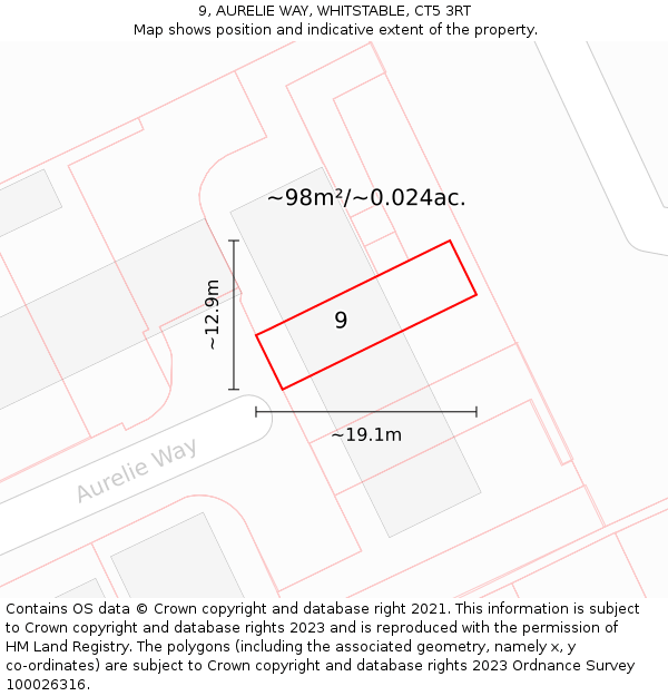 9, AURELIE WAY, WHITSTABLE, CT5 3RT: Plot and title map