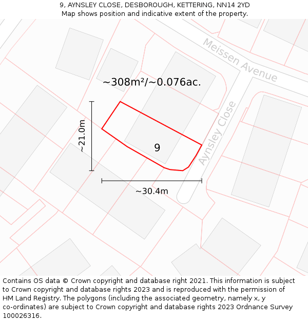 9, AYNSLEY CLOSE, DESBOROUGH, KETTERING, NN14 2YD: Plot and title map