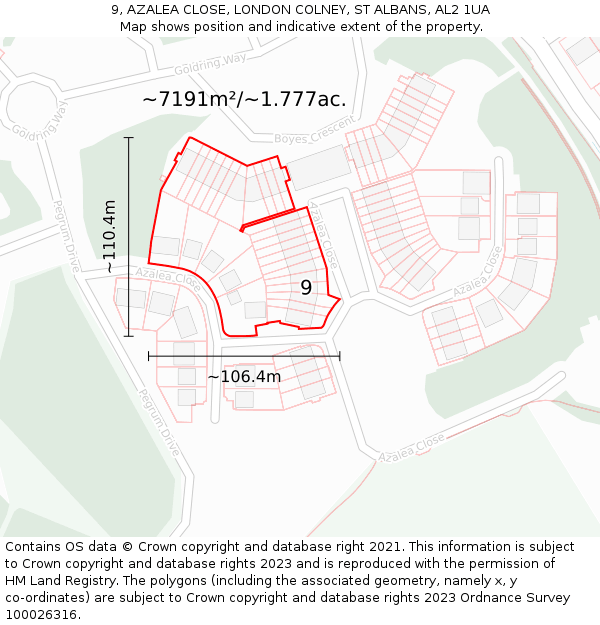 9, AZALEA CLOSE, LONDON COLNEY, ST ALBANS, AL2 1UA: Plot and title map